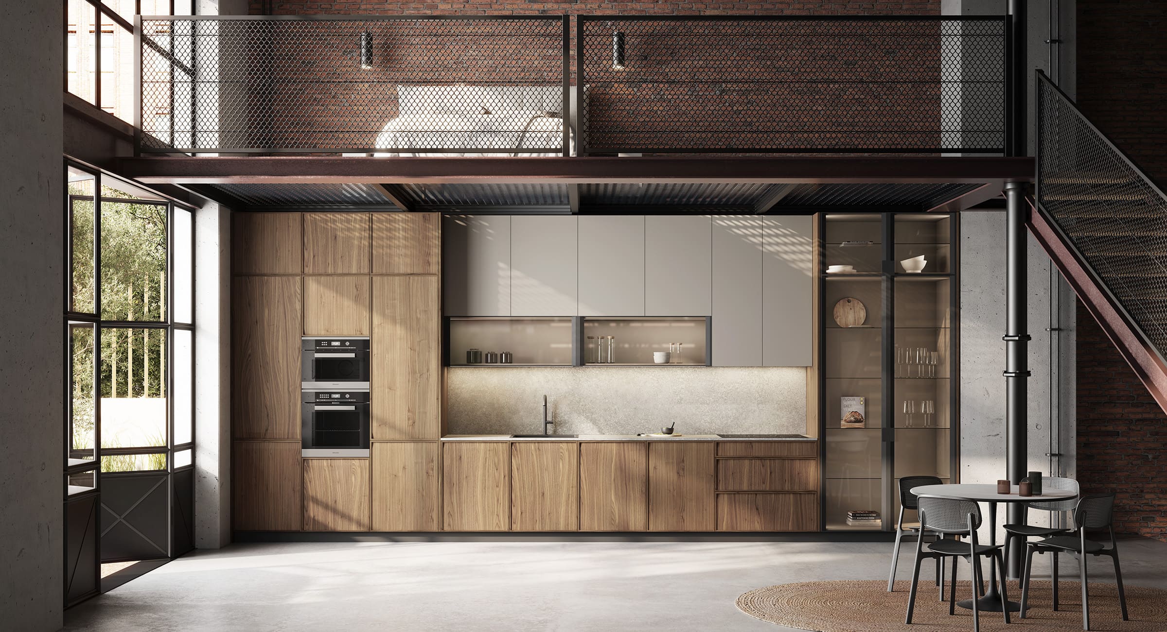 Cocina lineal de estilo industrial con muebles de madera y gris, vitrinas de cristal y electrodomésticos integrados.